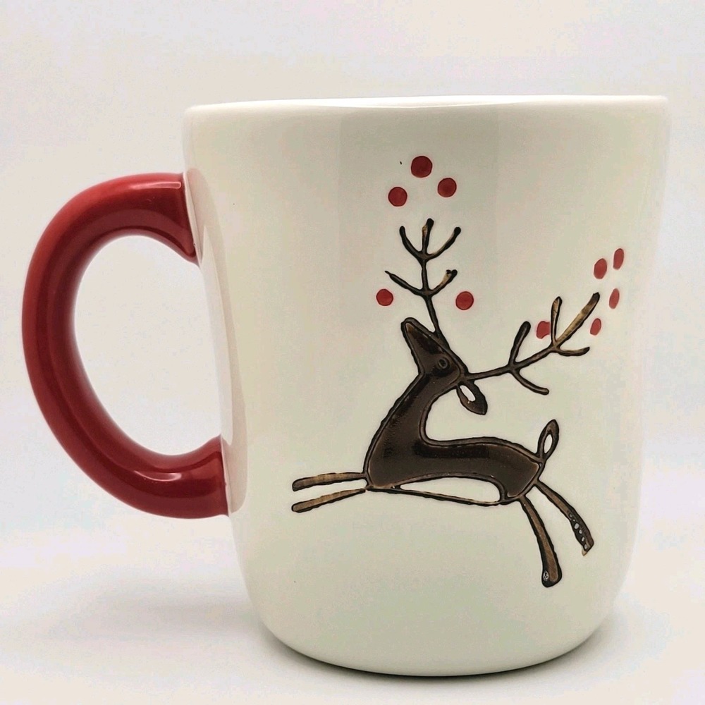 Tag‎ Prancing Reindeer Christmas Mug Red Handle Embossed Holiday Cozy Whimsical